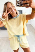 Yellow Cream Soft Ribbed Color Block Trim Casual Short Set