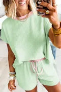 Yellow Cream Soft Ribbed Color Block Trim Casual Short Set