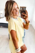 Yellow Cream Soft Ribbed Color Block Trim Casual Short Set