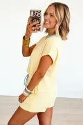 Yellow Cream Soft Ribbed Color Block Trim Casual Short Set