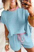 Yellow Cream Soft Ribbed Color Block Trim Casual Short Set